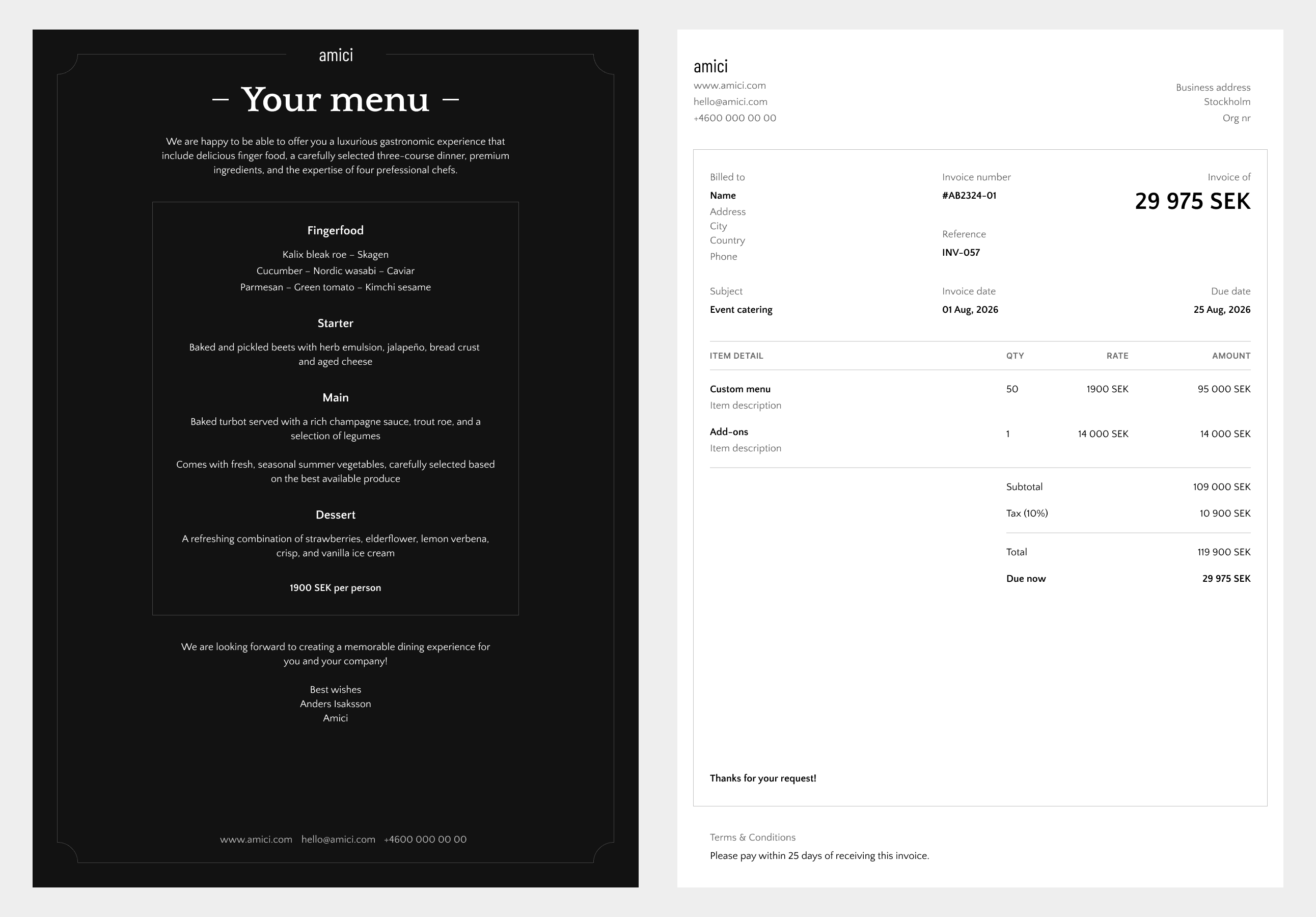 Design of menu and invoice templates