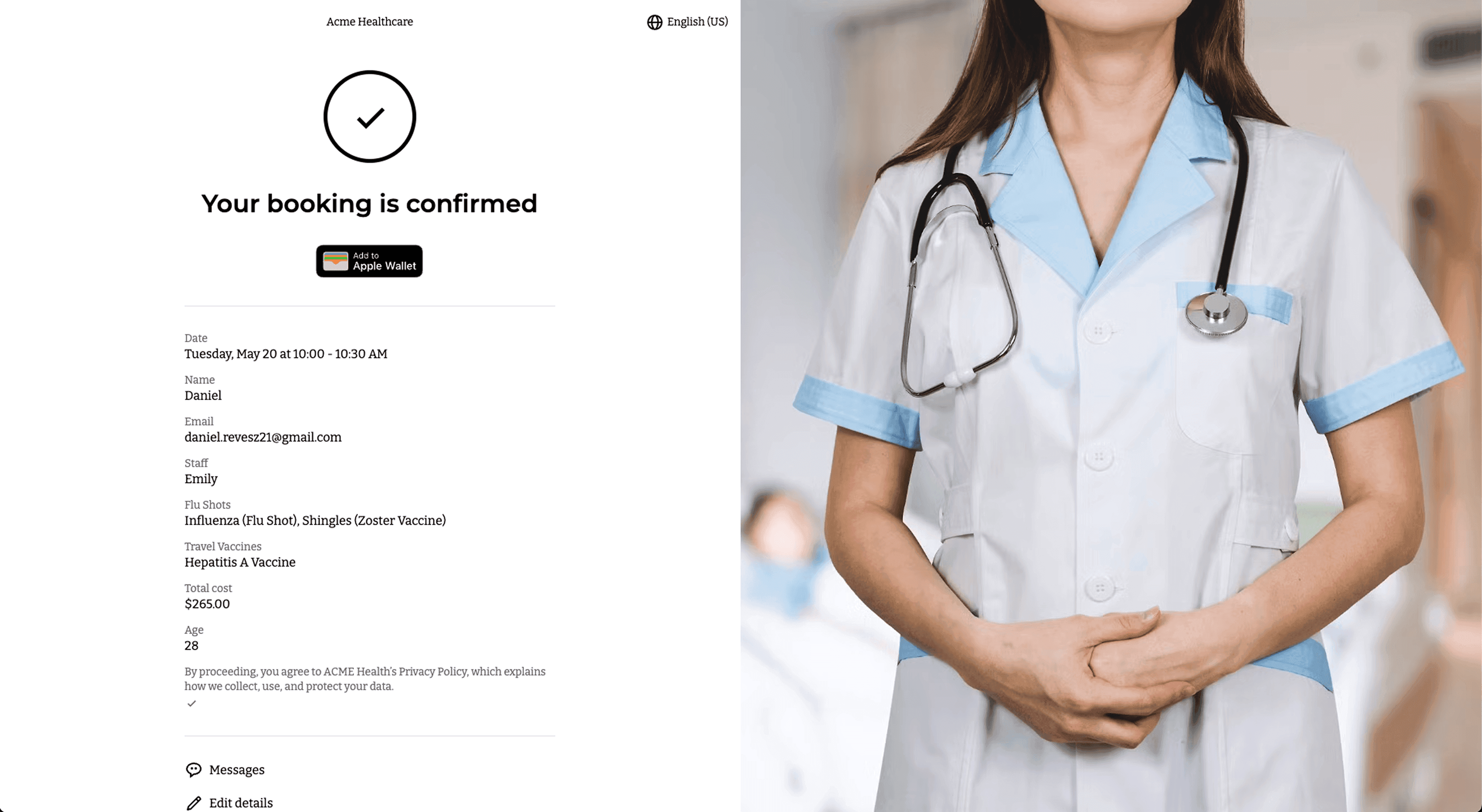 Ex: Online vaccine scheduling - Confirmation page