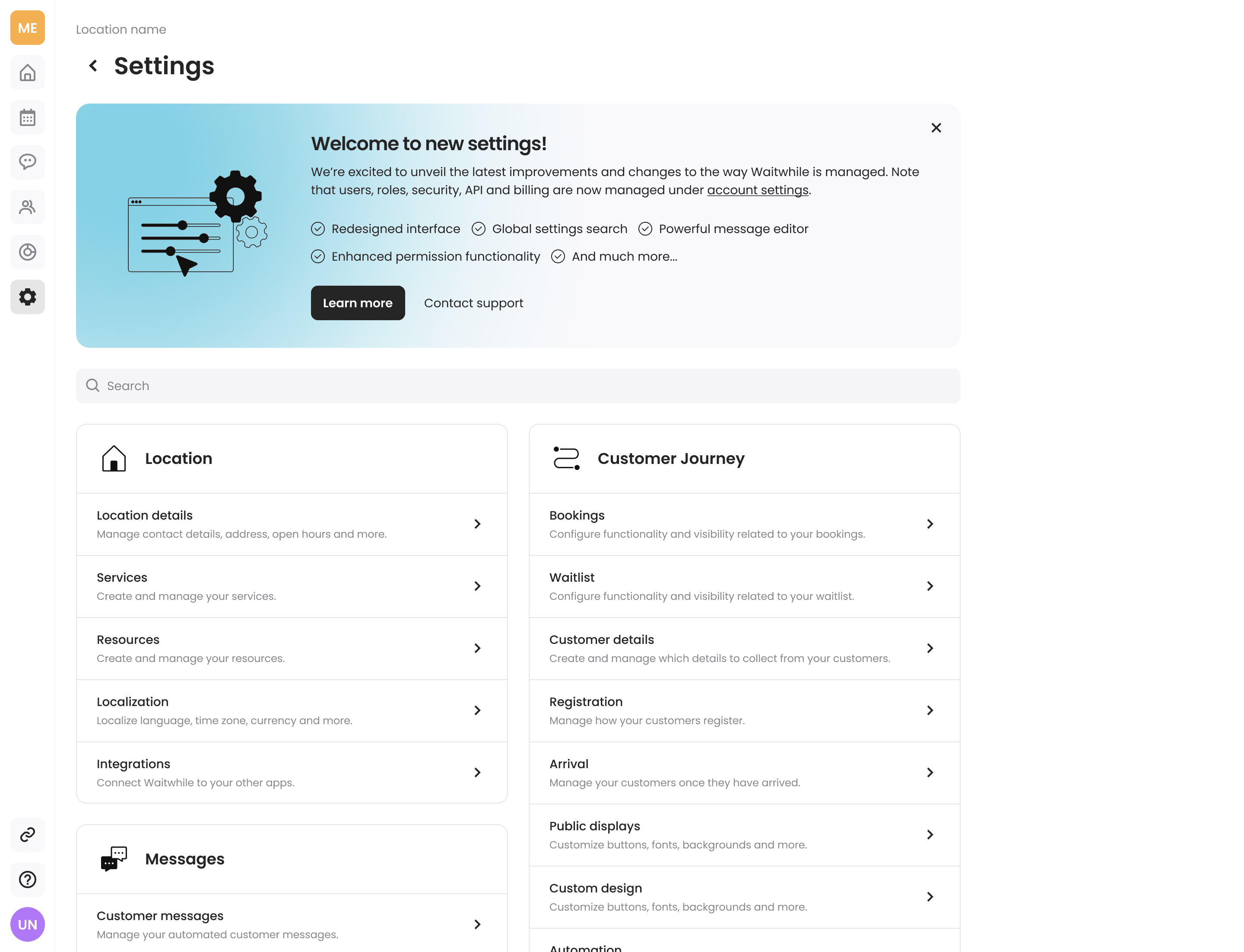 Settings landing page