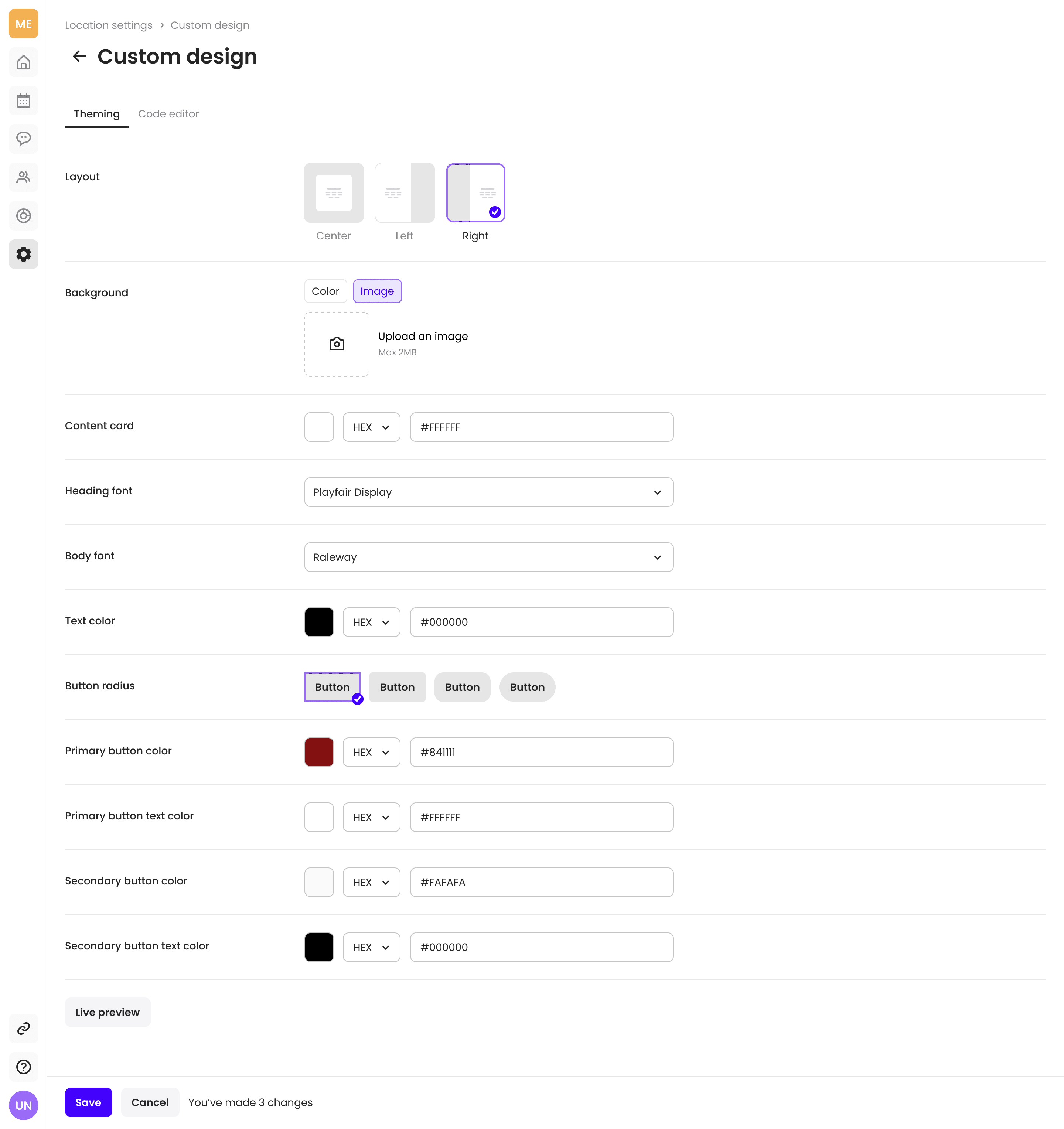 Settings page