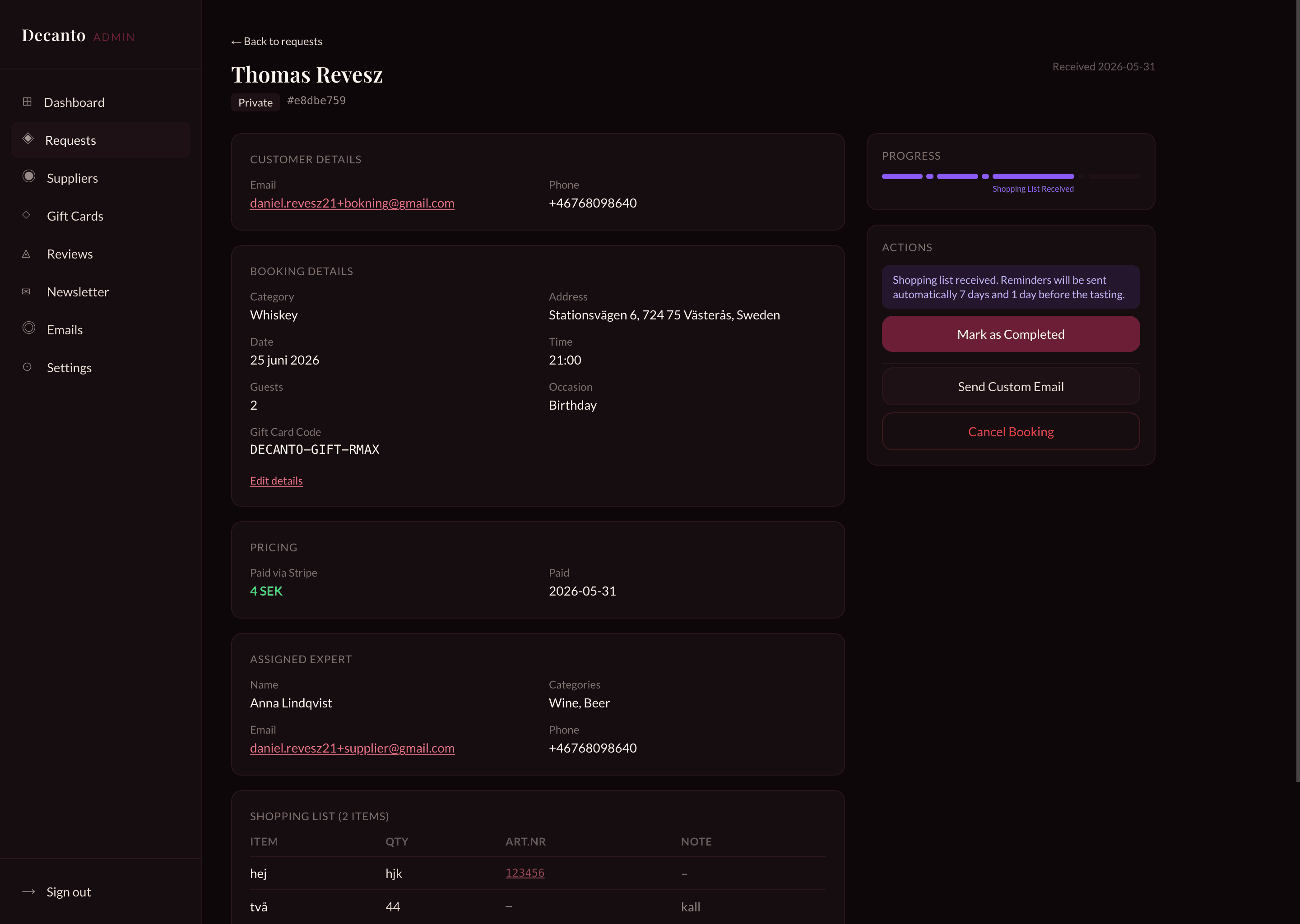 A booking in the back office, from matching to payout.