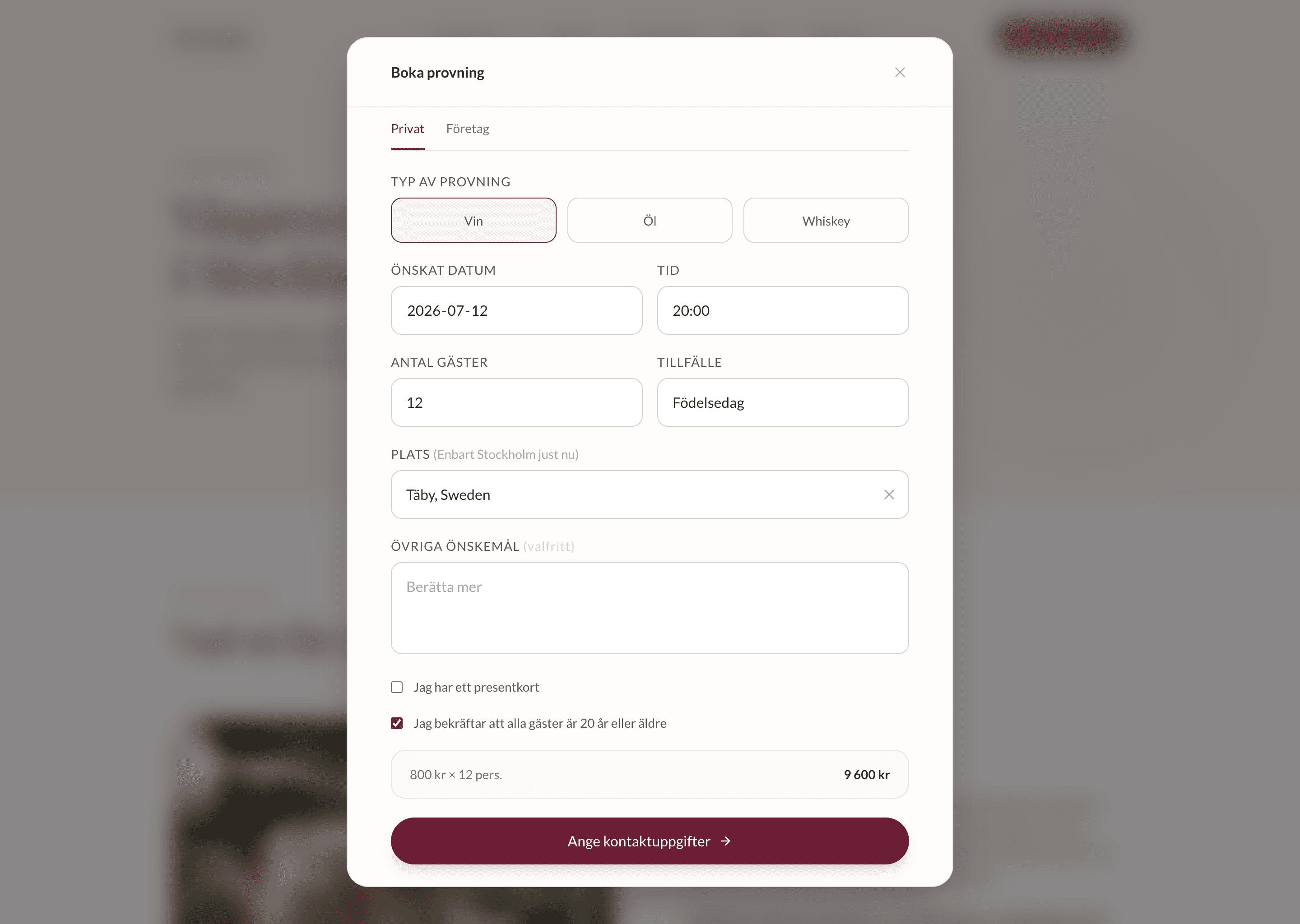The booking modal, with live pricing.