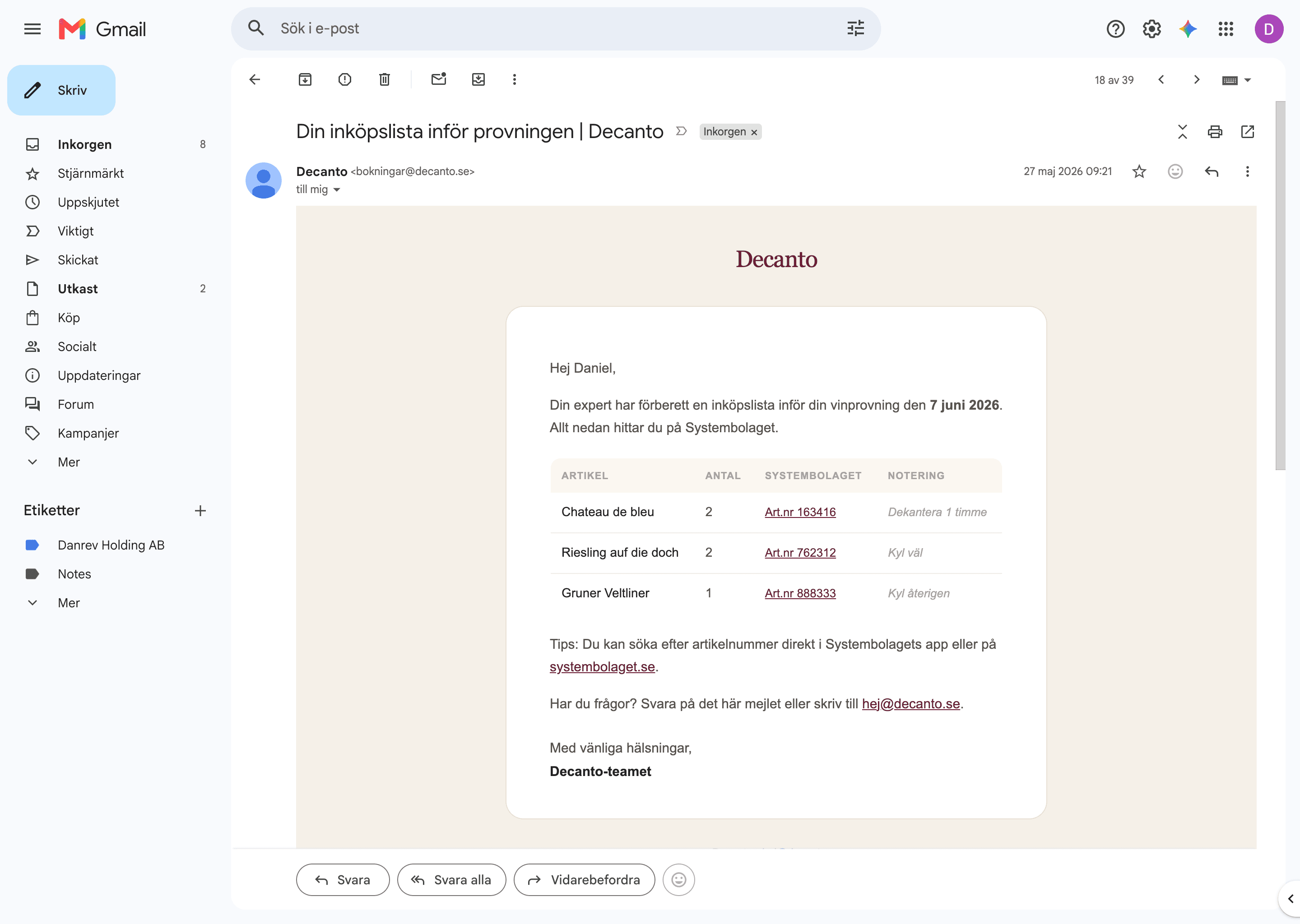 The shopping-list email, every item deep-links to Systembolaget.
